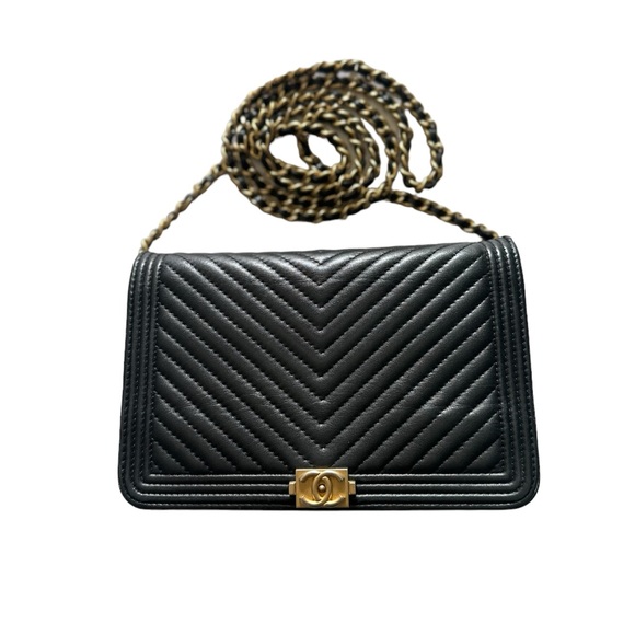 CHANEL LE BOY WALLET ON CHAIN QUILTED CHEVRON AUTHENTIC - Picture 1 of 16
